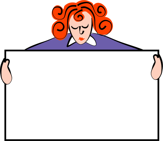 Cartoon woman with curly red hair holding a blank white sign.