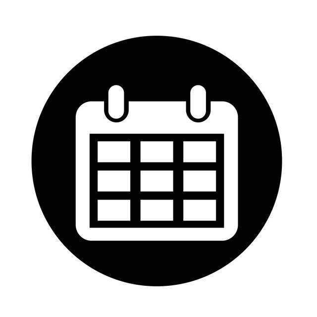 Simple black-and-white calendar icon with grid layout and top rings, symbolizing scheduling or date selection.
