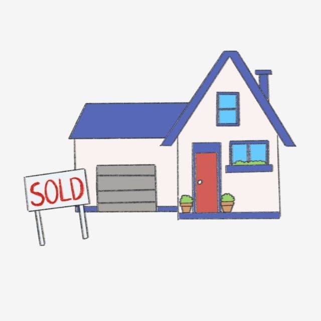 Cartoon-style house with blue roof, red door, and a "SOLD" sign in front.