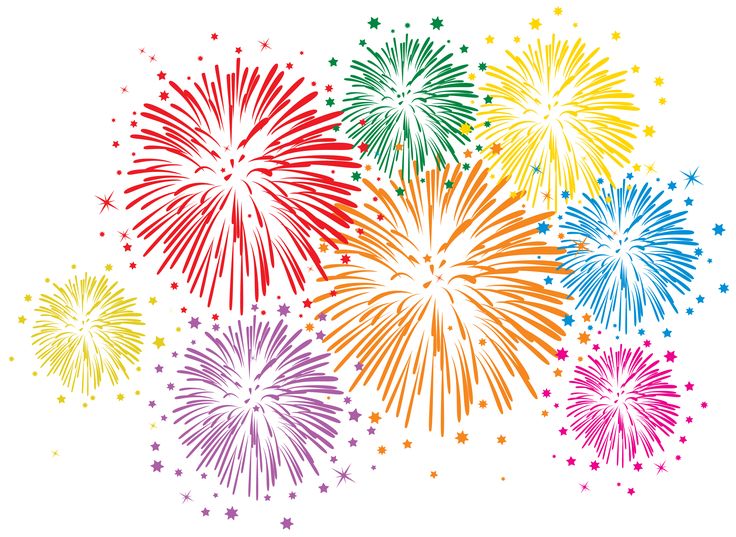 Colorful fireworks bursting in a celebratory display with stars scattered around.