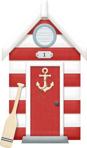 Red-and-white striped beach hut with anchor door decoration, oar leaning beside, and circular window above number 1 plaque.