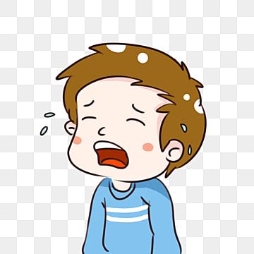 Cartoon boy crying with tears, flushed cheeks, and sweat, wearing a blue striped shirt.
