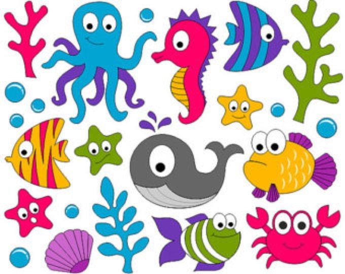 Colorful cartoon sea creatures including octopus, seahorse, fish, whale, crab, starfish, and coral on white background.