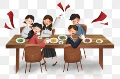 A joyful multi-generational family sharing a meal at a wooden dining table with colorful dishes and celebratory red ribbons.