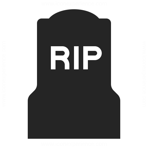 Black tombstone icon with "RIP" text in white, stylized for digital use.