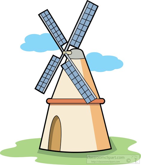 Cartoon-style windmill with blue solar-panel blades, beige tower, arched door, on green grass under blue sky with clouds.
