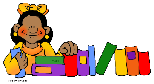 A smiling Black girl with yellow bows holds books and sits behind a colorful stack of books.