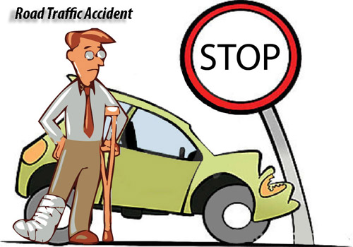 Injured man with crutches and cast stands beside damaged green car next to a stop sign after a road traffic accident.