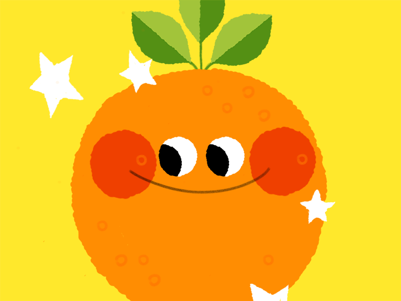 Cheerful cartoon orange with big eyes, rosy cheeks, green leaves, and white stars on a yellow background.