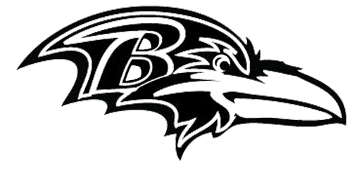 Baltimore Ravens NFL team logo featuring a stylized raven head with a bold 'B' on its wing, in black and white.