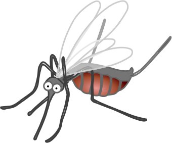 Cartoon illustration of a mosquito with large eyes, transparent wings, and a striped red abdomen.