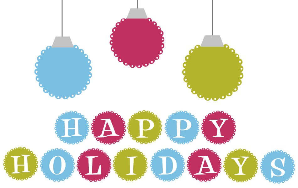 Colorful holiday ornaments with "HAPPY HOLIDAYS" text in festive circular banners.