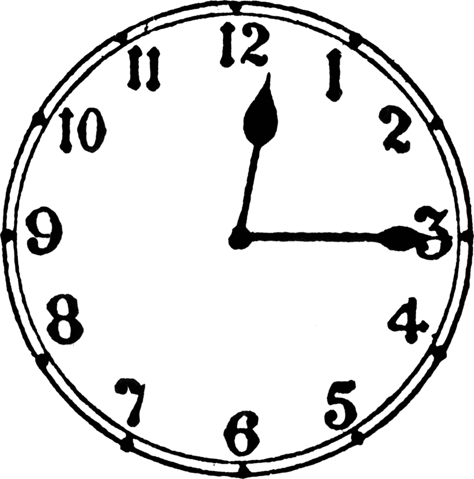 Analog clock showing 12:15 with bold black hands and numerals on a white face.