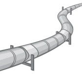 Illustration of a curved industrial pipeline with support brackets and segmented joints.