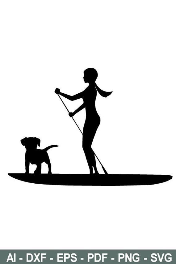 Silhouette of a woman paddleboarding with her dog on the board, holding a paddle.