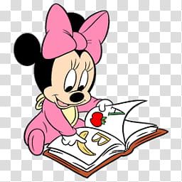 Minnie Mouse in pink outfit reading a book with fruit illustrations