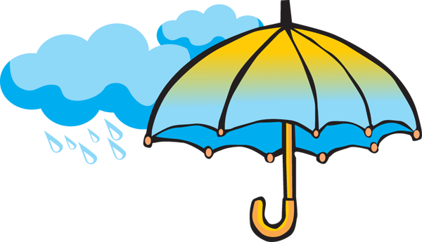 A yellow-and-blue gradient umbrella shielding against falling raindrops from a cloud.