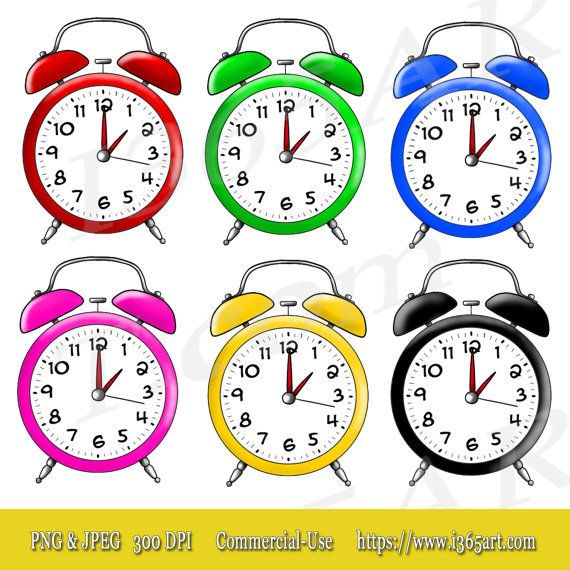 Six colorful vintage-style alarm clocks in red, green, blue, pink, yellow, and black, all showing 1:00.