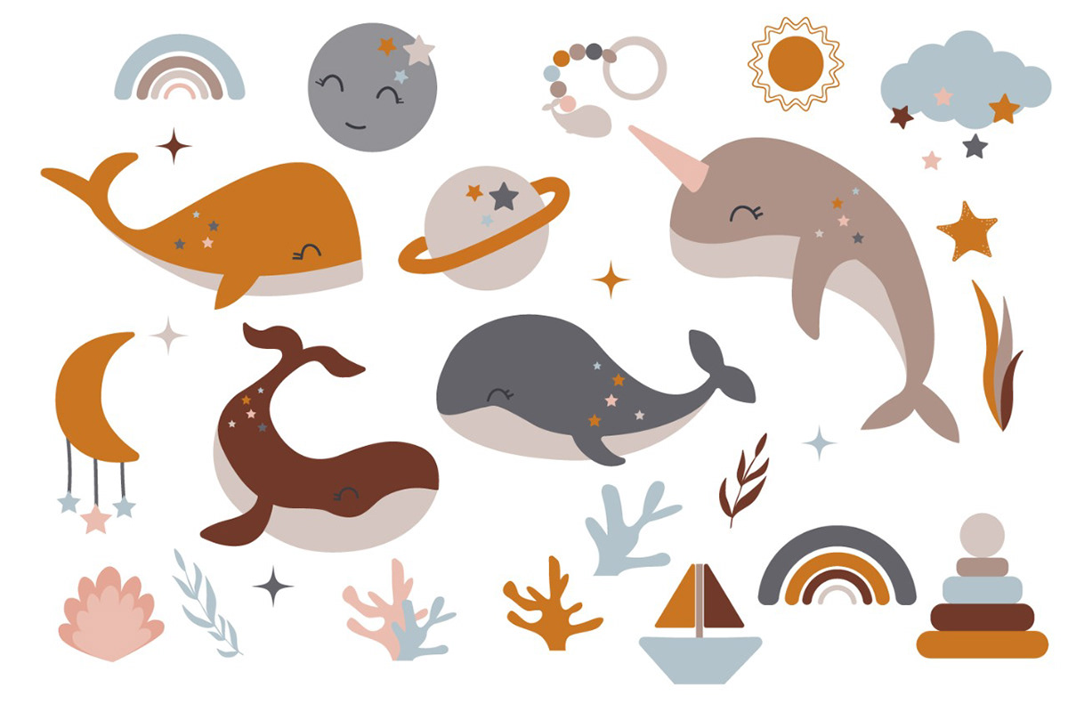Cute illustrated whales, narwhal, planets, rainbow, sun, moon, and sea elements in warm earthy tones for nursery decor.