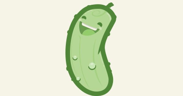 Happy green cartoon pickle with a smiling face and water droplets.