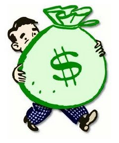 A cartoon man carrying a large green money bag with a dollar sign, symbolizing wealth or financial burden.