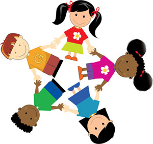 Five diverse children holding hands in a circle, smiling and celebrating unity and friendship.