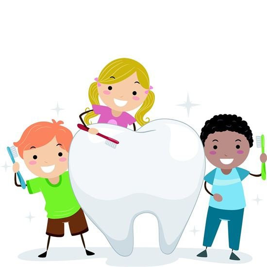 Three smiling children brushing a giant tooth together with toothbrushes.