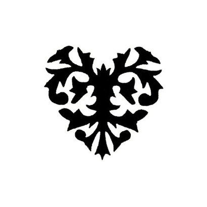 Ornate black heart-shaped filigree design with baroque-style flourishes on white background.