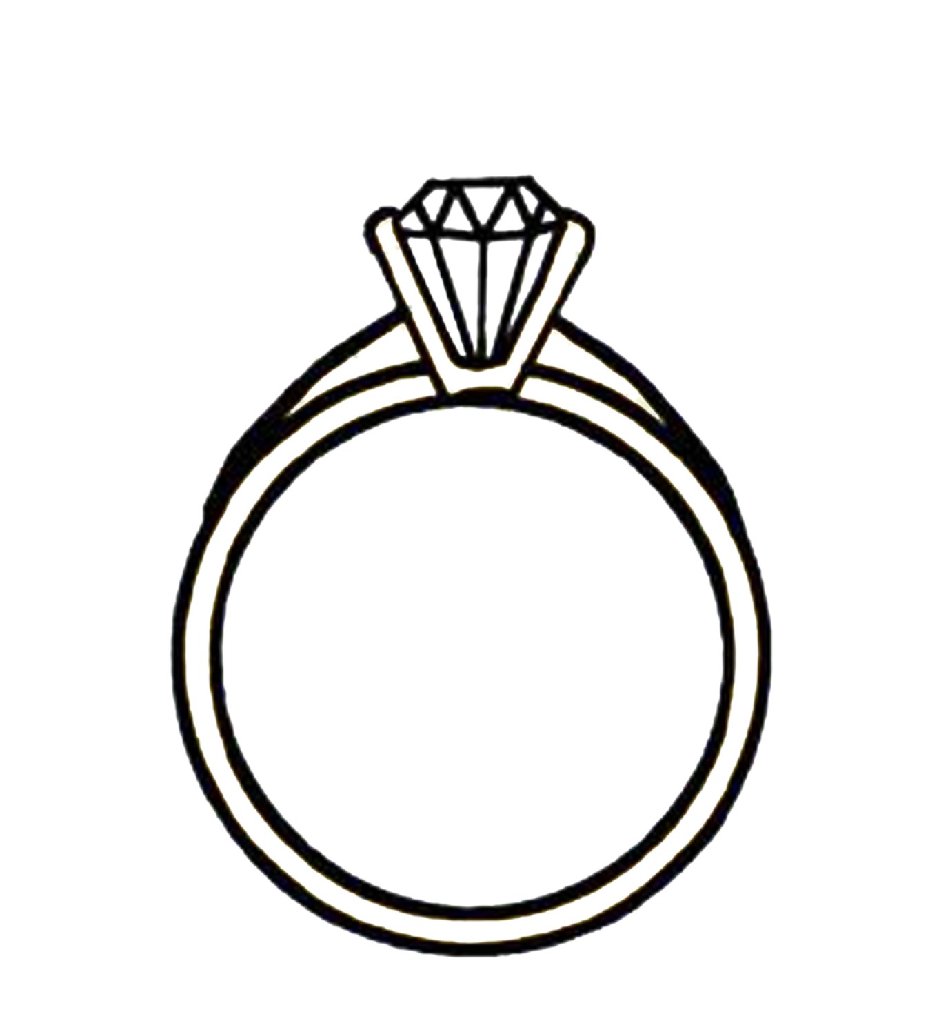 Simple line drawing of a solitaire diamond engagement ring with prong setting.