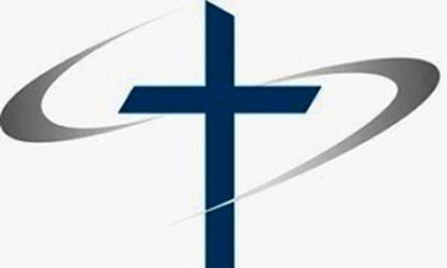 Blue Christian cross with dynamic silver swooshes on white background, symbolizing faith and movement.