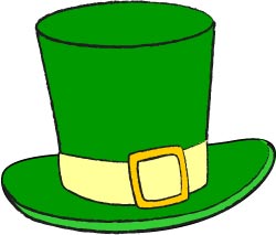 Green leprechaun hat with yellow band and square buckle, cartoon-style illustration.