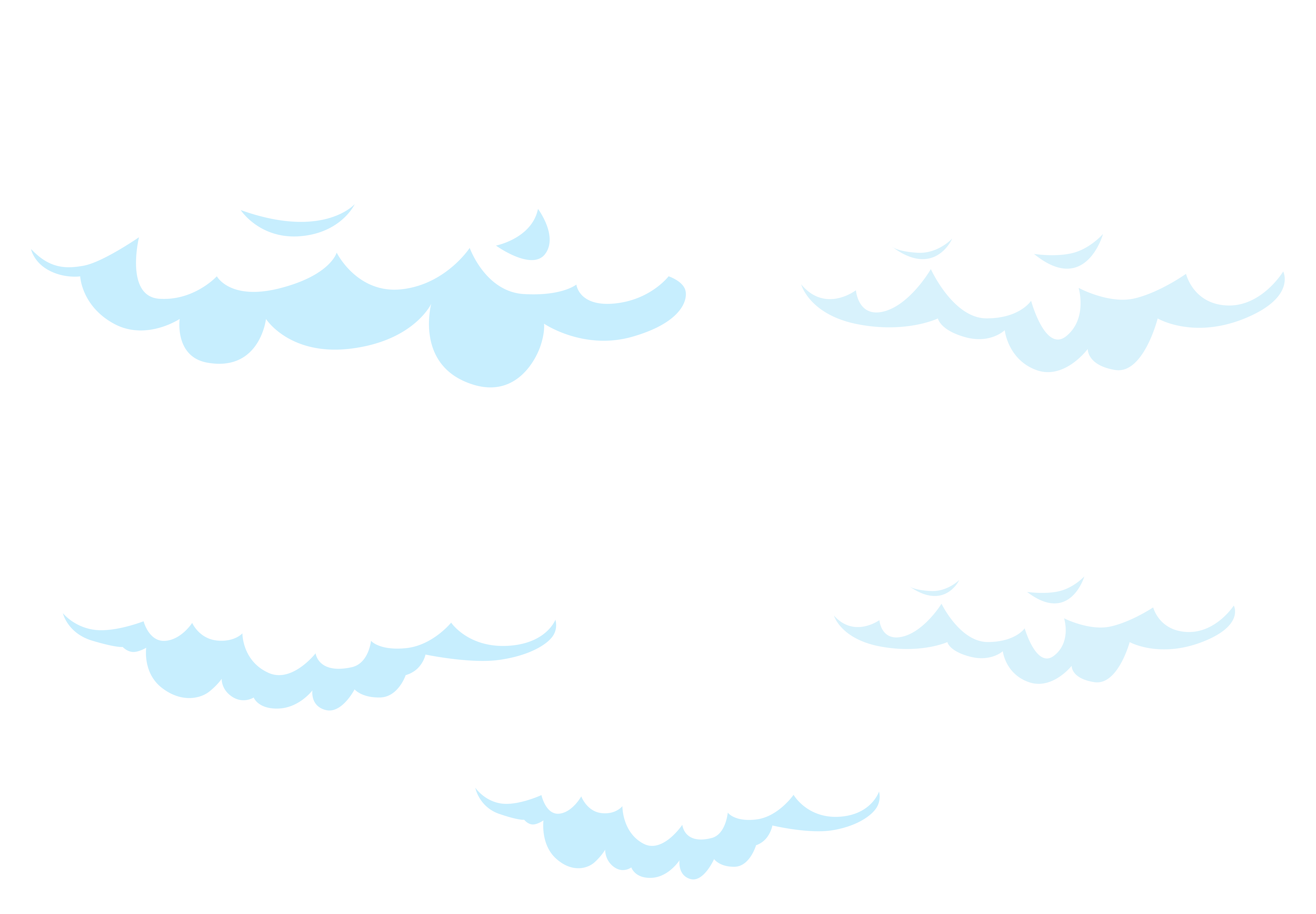 Four stylized light blue cloud illustrations arranged in a grid on white background.