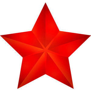 A glossy red five-pointed star with a 3D faceted appearance on a white background.
