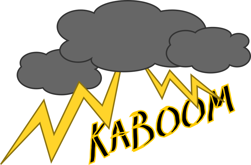 Dark storm clouds with yellow lightning bolts and the word "KABOOM" in bold comic-style font.