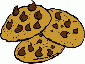 Three golden-brown chocolate chip cookies with melted chocolate chunks, illustrated in a hand-drawn style.