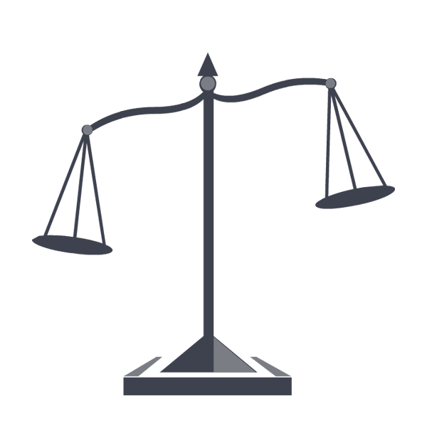 Gray illustration of unbalanced scales of justice on black background, symbolizing legal imbalance or injustice.