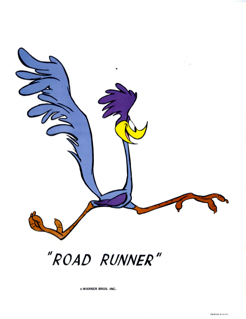 Road Runner cartoon character running with wings spread, blue body, purple head, yellow beak, Warner Bros. logo below.