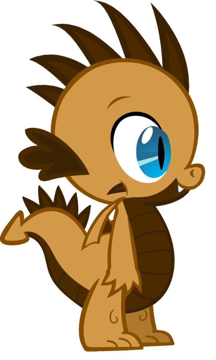 Cute cartoon baby dragon with spiky brown mane, large blue eye, and playful expression.