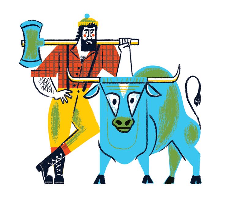 A bearded lumberjack in plaid and yellow pants holds an axe over his shoulder beside a stylized blue bull with green patches.