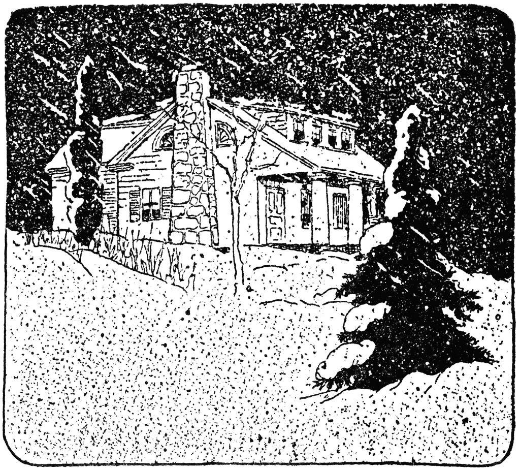 Snow-covered stone-and-wood cabin nestled among evergreens during a heavy snowfall, illustrated in vintage black-and-white line art.