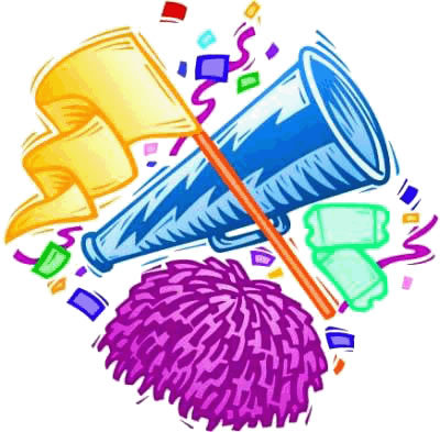 Cheerleading items including a megaphone, pom-pom, flag, and confetti in vibrant colors.