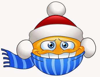 Chilled cartoon emoji wearing a red Santa hat, blue striped scarf, and white mittens, shivering with cold.