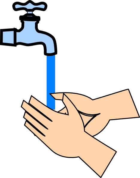 Illustration of hands being washed under a running faucet with blue water stream.