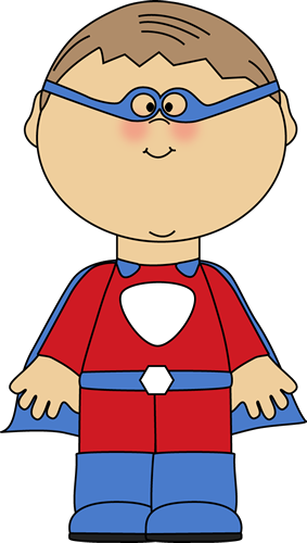 Cartoon boy in red superhero costume with blue mask and cape, smiling confidently.