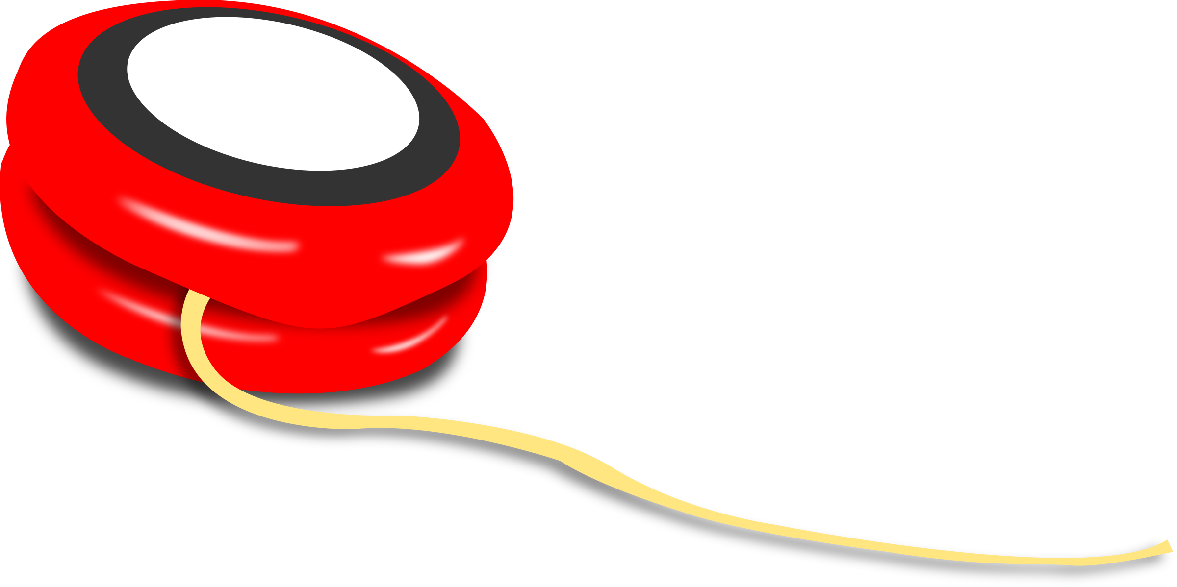 A bright red yoyo with a yellow string, featuring a white center and black accent ring, isolated on black background.