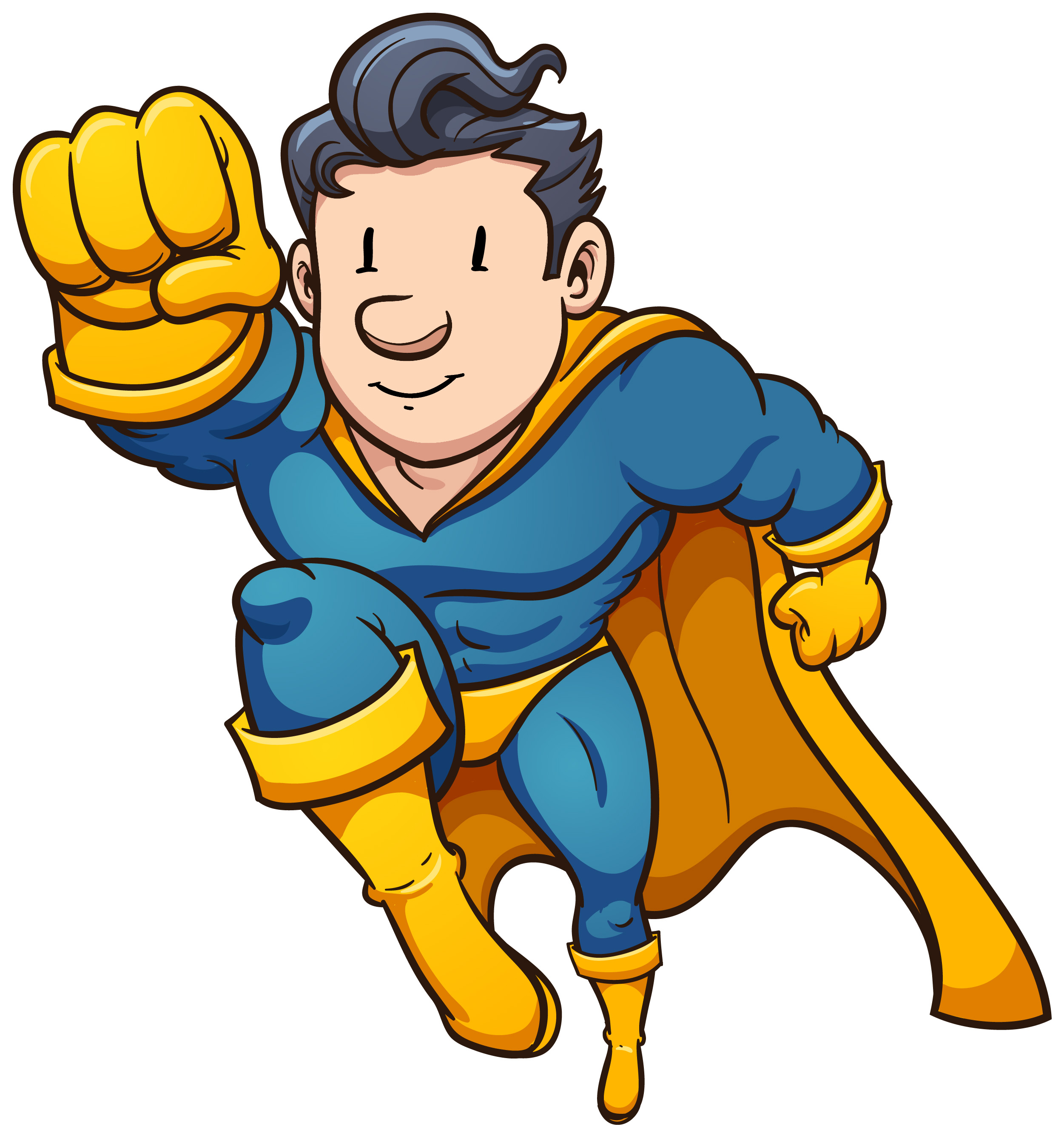 Cartoon superhero in blue suit with yellow cape and gloves, flying forward with fist raised.