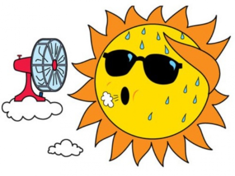 A cartoon sun wearing sunglasses, sweating and panting, with a red fan blowing air from a cloud nearby.