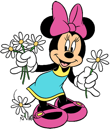 Minnie Mouse holding daisies, wearing a blue dress, pink bow, and shoes.
