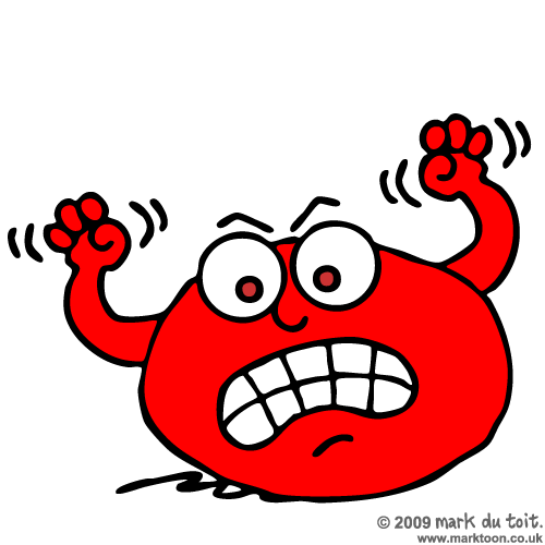 Red cartoon character with wide eyes, gritted teeth, and raised fists expressing extreme anger or frustration.