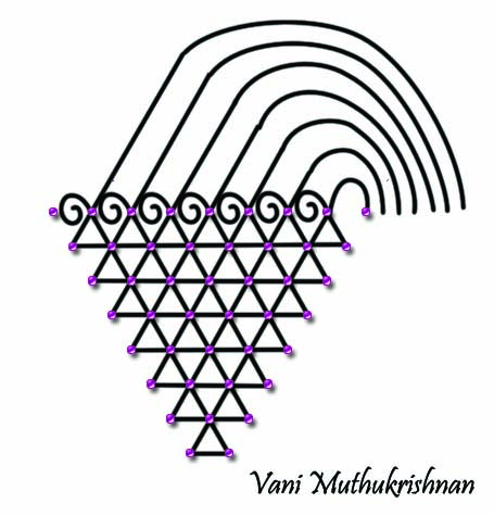 Vani Muthukrishnan yantra with triangular grid, purple bindus, and arched lines symbolizing spiritual energy flow.